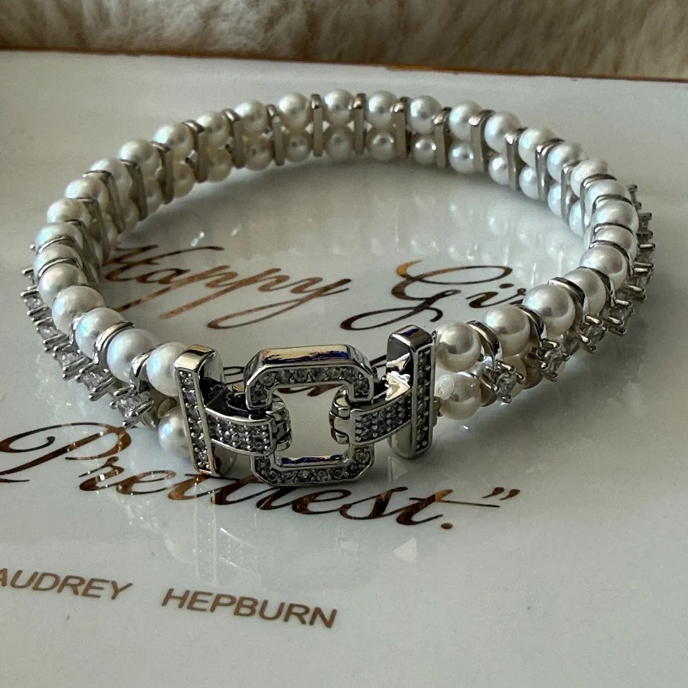 Baby Pearl CZ Bracelet | Silver Tone | Double Clasp | 7” - Picture 3 of 8